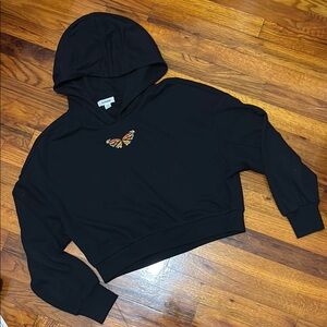Black Cropped Hoodie with Butterfly Embroidery